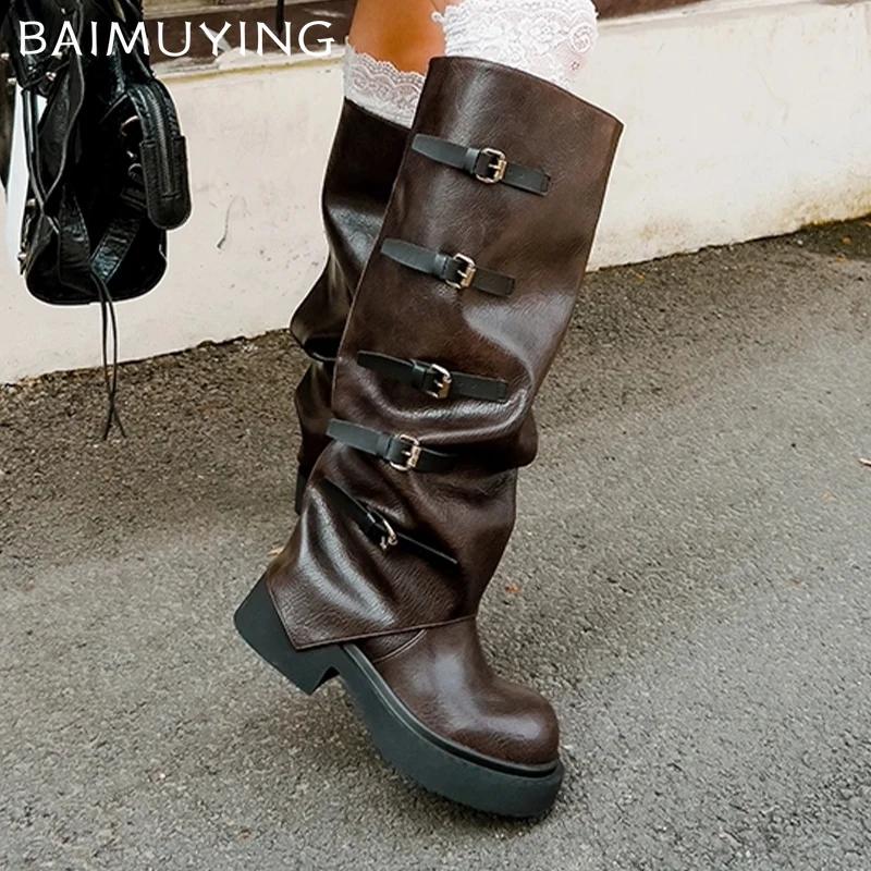 Leather Chunky Fashion Women High Boots Mid Heels Buckle Shoes Designer Knee High Motorcycle Boots Winter 2024 Trend Botas Mujer