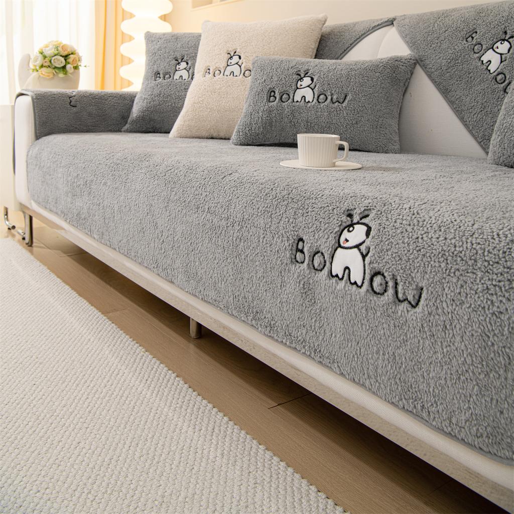 Embroidery Sherpa Fleece Sofa Cover Non-slip Soft Sofa Towel Couch Cushion for Living Room Modern Home Decor