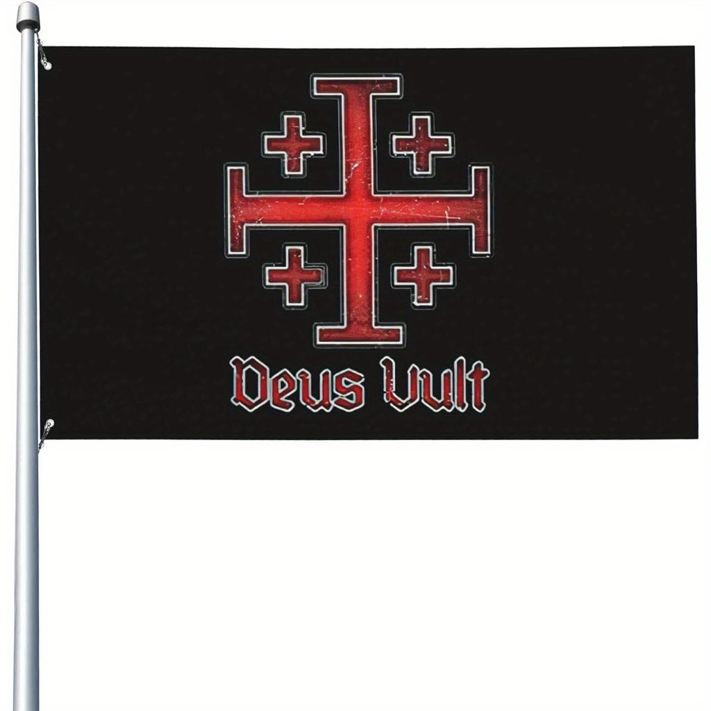 2D Plochý, 2D Znak na dveře 91,44x152,4 cm Křižák Templářský Kříž Deus Vult Zahradní vlajka - Světlostálá venkovní vlajka, Polyester, Design s červeným křížem