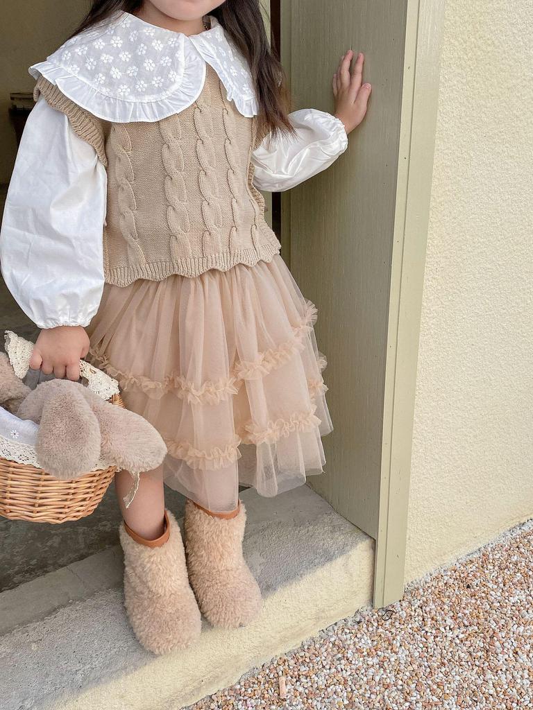 Girls' Wool Ribbon Knitted Waistcoat - 2024 Autumn/Winter Korean Style