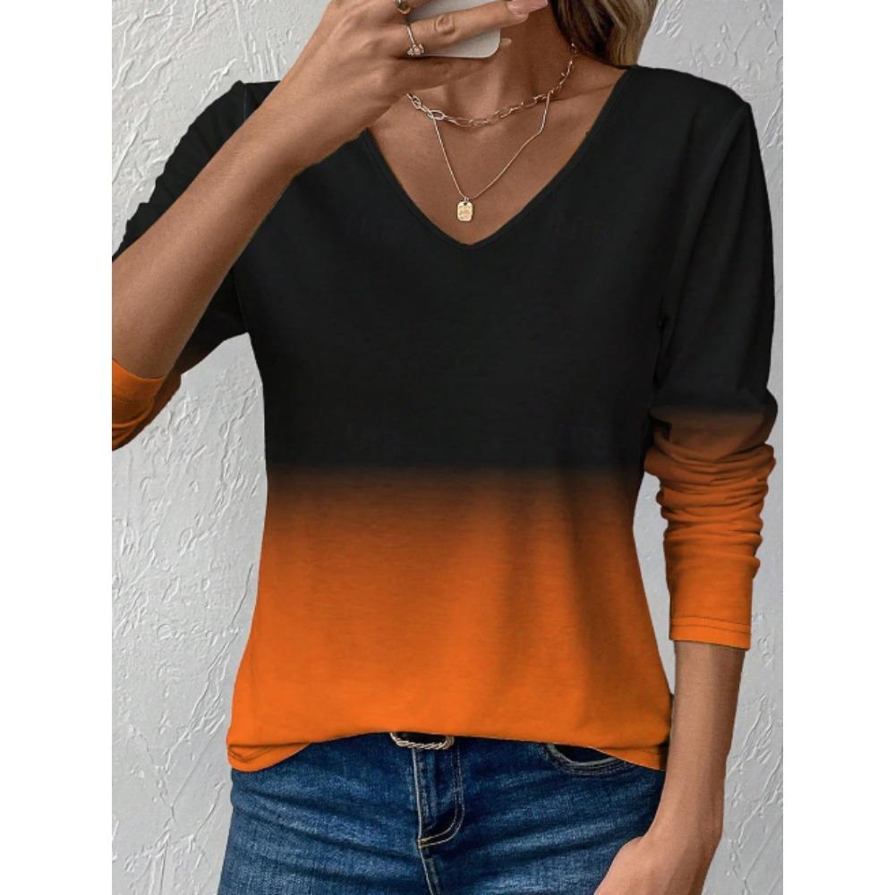 Tops for Women Ombre Dip Dye Block Gradient Wash Round Neck Long Sleeve T-shirt Fall Casual Slim Pullover Women's Long Sleeve Top