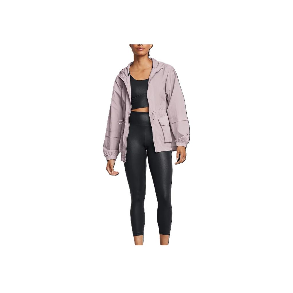 Under Armour Solid Color Pleated Woven Hooded Zip Work Jacket Women jackets Fatigue-Gray 1386455-015