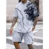 2024 New Crew Neck Short Sleeve T-shirt Fashion Shorts Set 3D Lion Print Short Sleeve Shorts 2-piece Men's Summer Sports Set