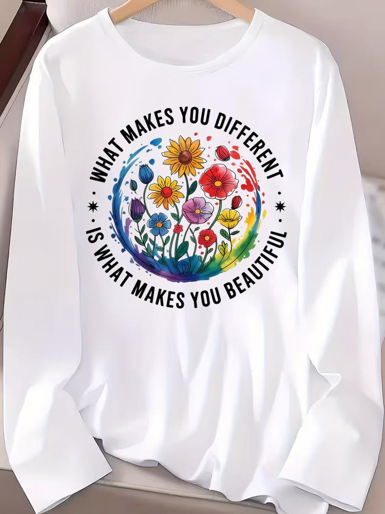 (Asian Size) Letter Cute Autumn Winter Spring Women Female Clothing Casual Tee Lady Printed O-neck Long Sleeve T Shirt  Fashion Top Graphic T-shirts