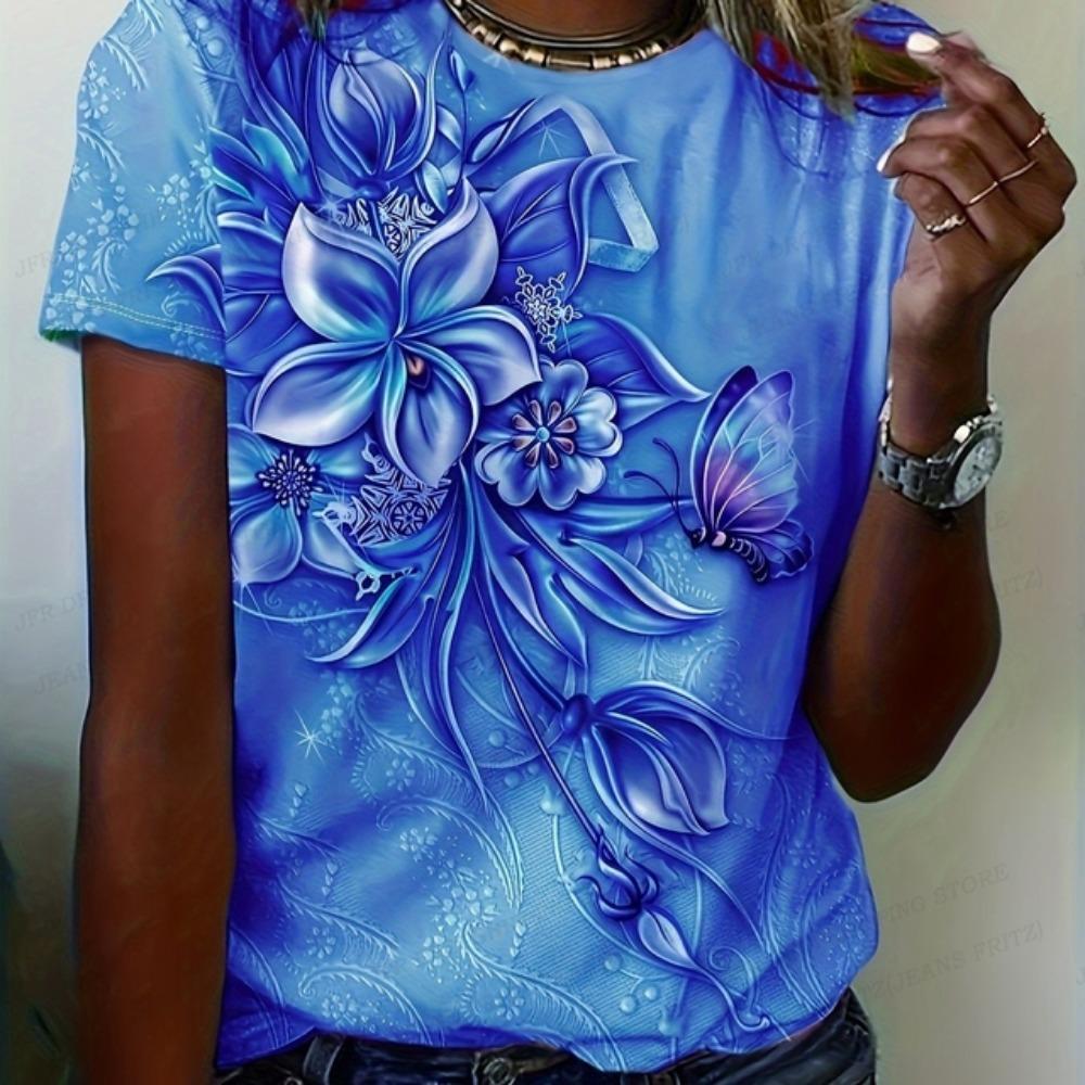 Blumen 3D-Druck T-Shirt Damen Mode T-Shirts O-Ausschnitt Kurzarm Oberteile Tees Pflanzen&Blumen T-Shirt Übergroße Kleidung Elegant 5XL