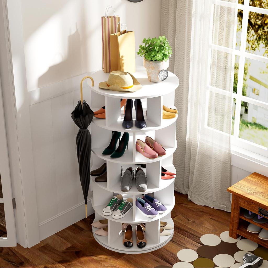 Revolving Shoe Rack, Multifunctional Shoe Cabinet with 5 Tiers, Round Rotating Shoe Rack 360-Degree Rotation, Height 115 Cm, Width 60 Cm, White