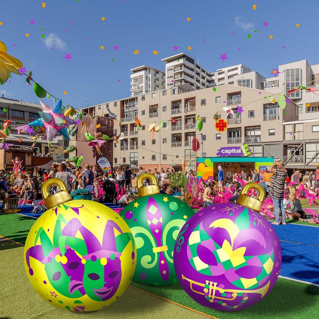 3 Pcs 24 Inch Mardi Gras Decorations Giant Mardi Gras Inflatables Ball Masquerade Inflatables PVC Outdoor Air Blow up Balls for Themed Party