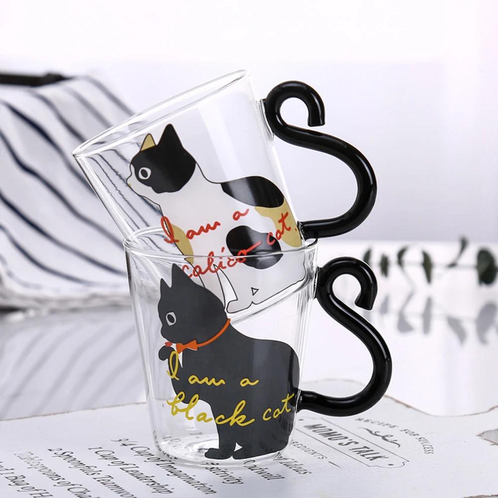 Creative Glass Water Cup With Handle Cute Cat Design Cartoon Two Styles Of Repeated Printing For Coffee And Milk Drinks