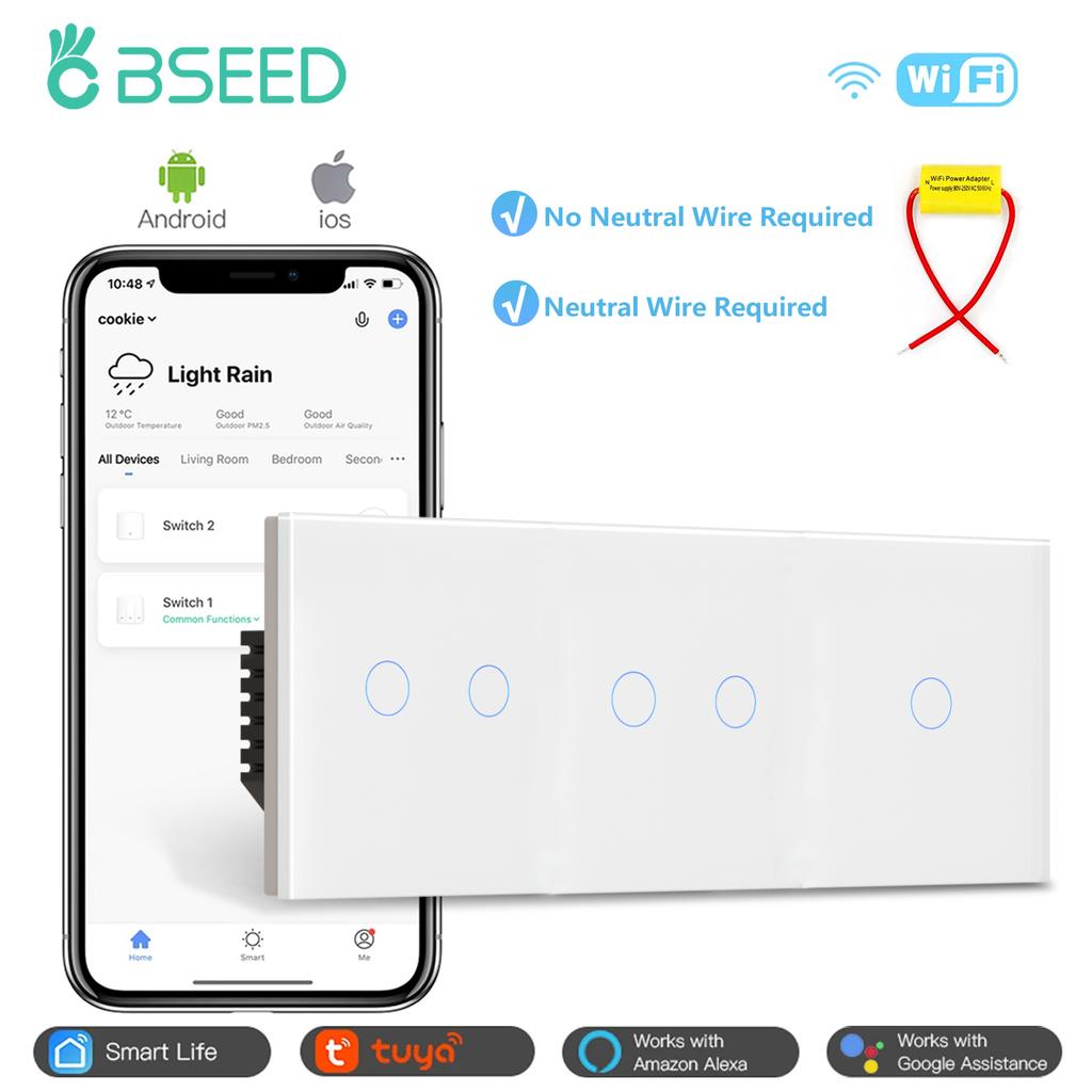BSEED 1/2/3Gang Wifi Touch Light Switches Tuya Smart Life App Control EU Standard Crystal Glass Panel With Capacitor White