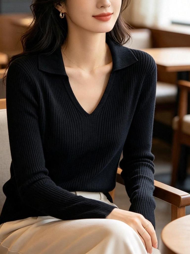 Women's Autumn Winter Polo Collar Knit Sweater Pullover
