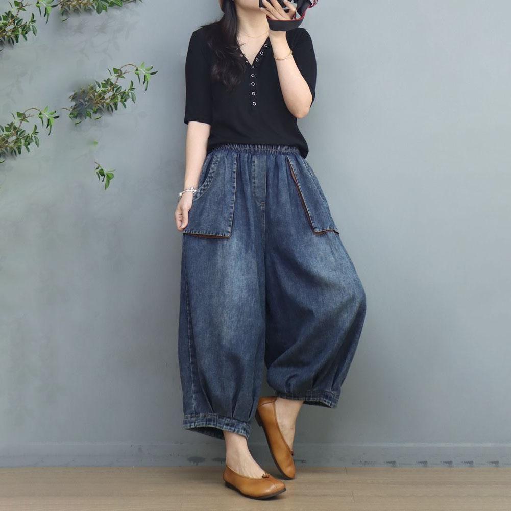 

Женские ретро повседневные свободные бриджи-кюлоты из денима длиной 9/10 с эластичной талией и 3D карманами для весны и осени 2XL