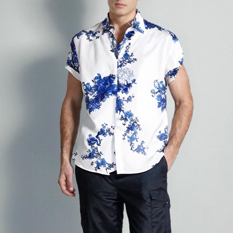 

Летние повседневные рубашки с лацканами и принтом «Цветущая слива», мужские рубашки с коротким рукавом XXXL синий