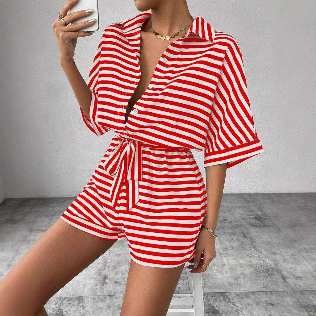 Summer Jumpsuit for Women's Casual Loose Comfortable Outfit Striped Batwing Sleeve Shirt Top+ Shorts Jumpsuit Woman