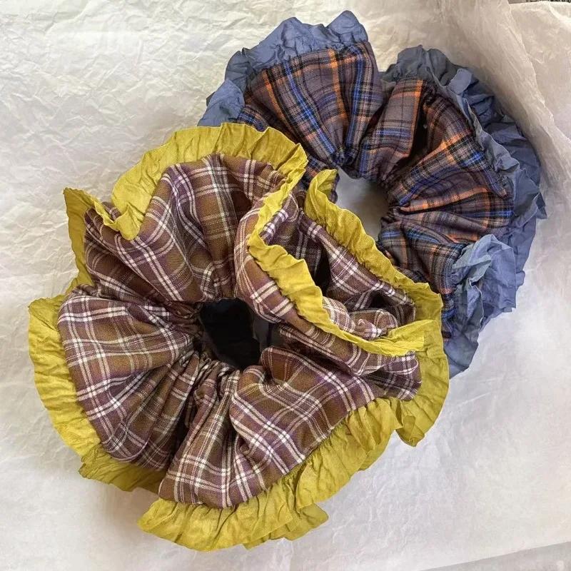 Oversized Plaid Color Contrast Delicate Ruffled Scrunchie Vintage Large Skirt Skirt Ball Head Large Size Style Hair Accessories