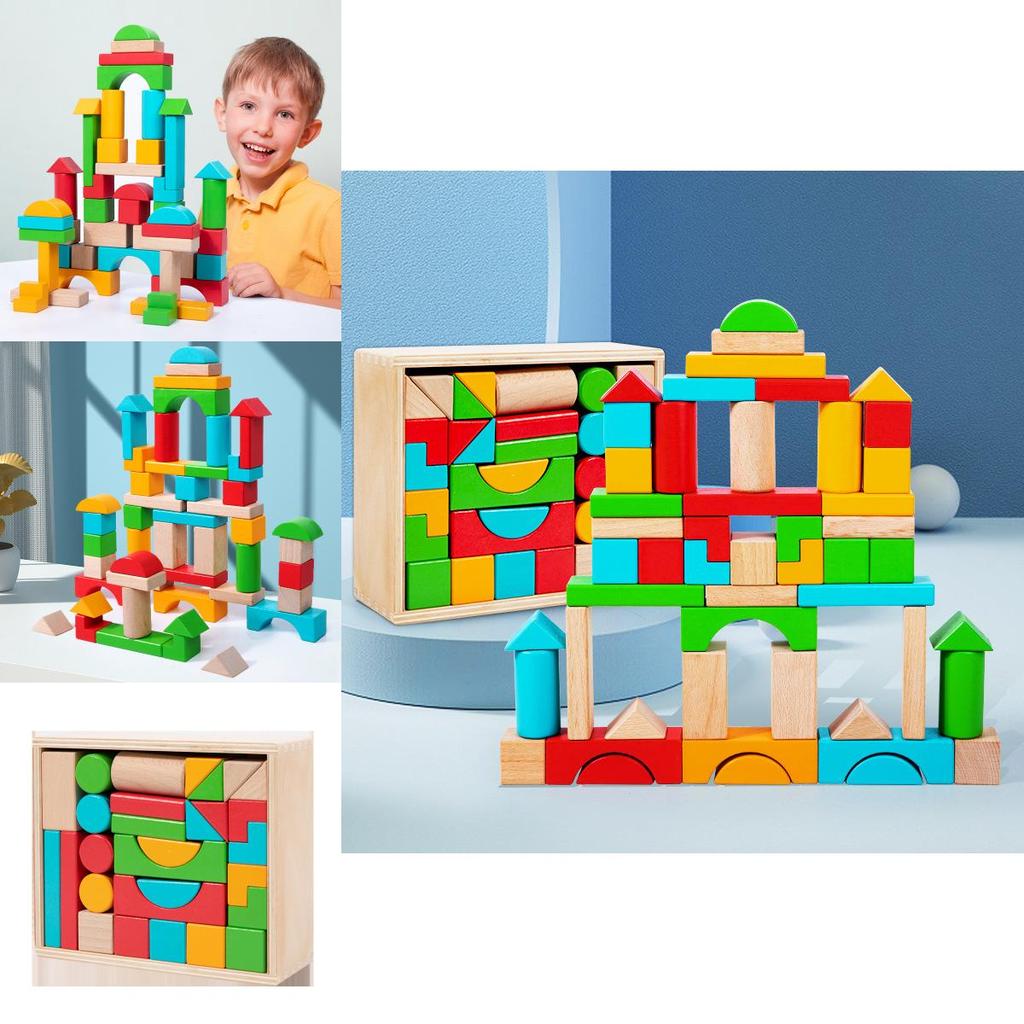 Wooden Educational Building Blocks Set With 50 Large Pieces For Kids Creativity Development