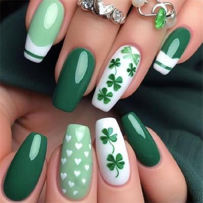 Unghia Finta Media con Disegni di Trifoglio di San Patrizio Unghia Press-on Copertura Totale Unghia da Incollare Manicure Accessori per Unghie