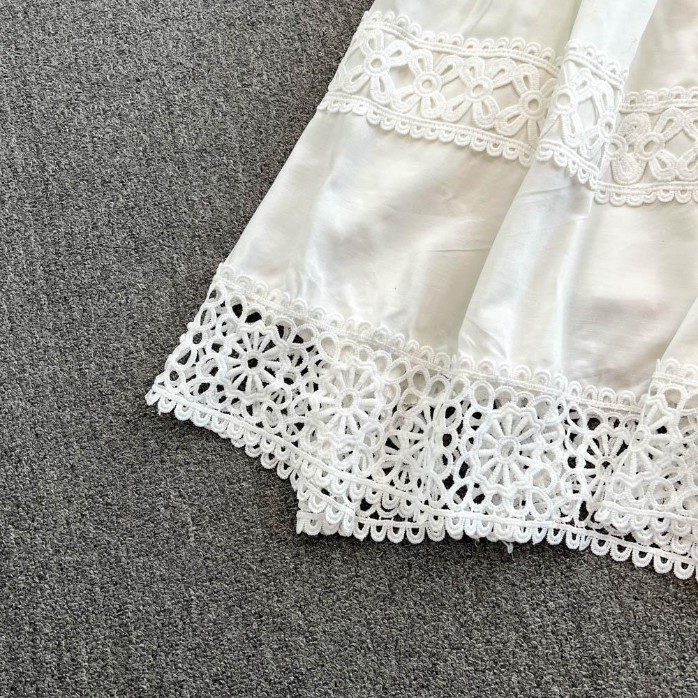 Lace Panel Long Sve Irt And High Waist Flared Skirt Set Women's Faion Ensemble Hollow Out Design Slimming Women Suit 2 Pieces Set
