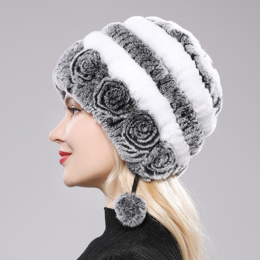Winter Hats for Girls Women's Fur Hat Real Rex Rabbit Cap Floral Knitted Hat with Balls Skulls Beanies 55-59cm