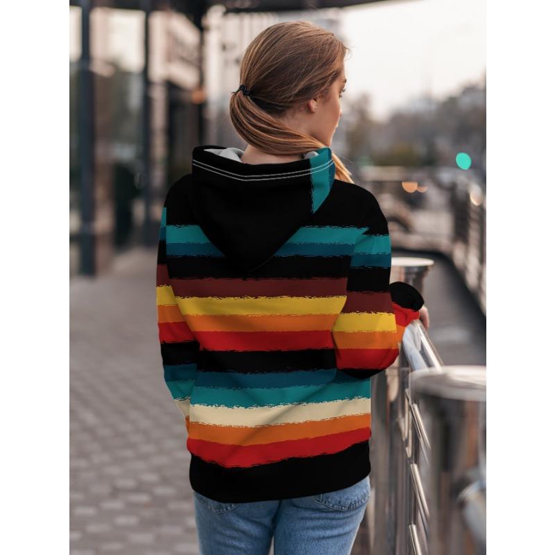 Fashionable Women's Loose Casual Street Style Hooded Sweatshirt Colorful Striped Top