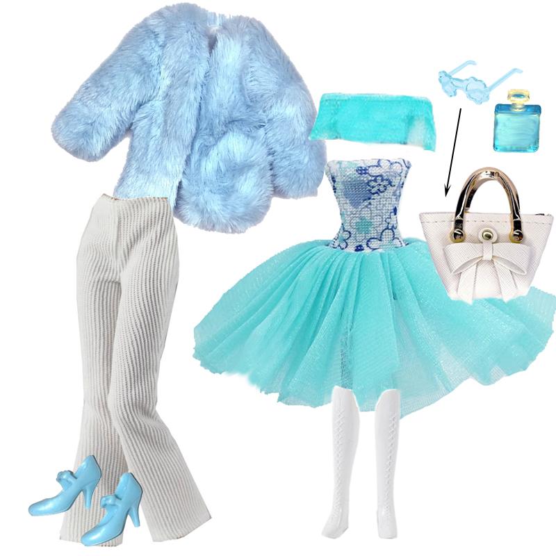 1/6 Doll Clothes Fashion Mix Blue Fur Coat Style for 12 inch Fashion Doll Outfits Set Handmade 30cm Doll Clothing Accessories