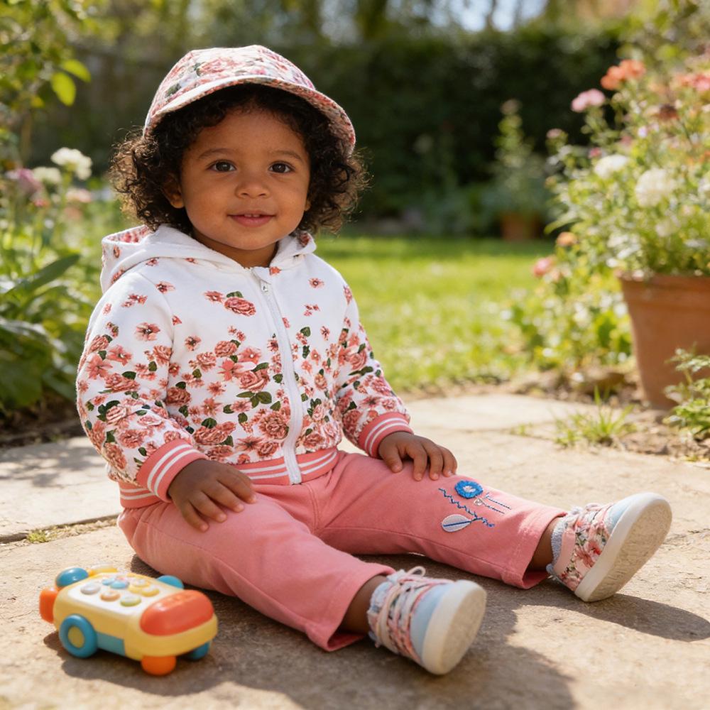 Peony Flower Infant Girl Spring/Autumn Long Sleeve Three-Piece Set: Jacket, T-shirt, Pants