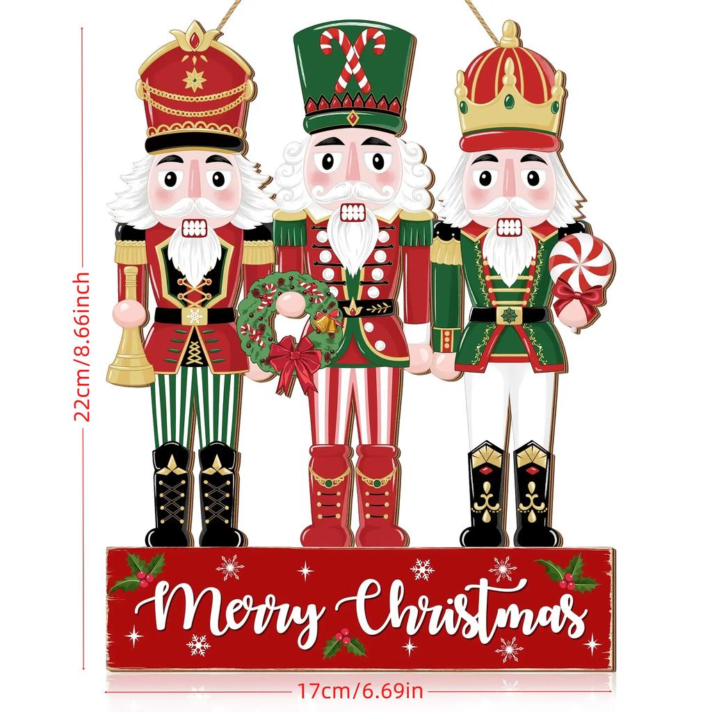 1Pcs Christmas Theme Hanging Sign Rustic 2D Wooden Three-position Soldier Sign Merry Xmas Door Hanger Wall Hanging Decorations