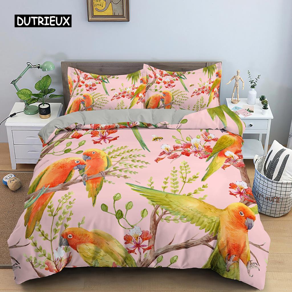 3D Parrot Duvet Cover Set Microfiber Bedding with Pillowcase King Queen Twin Luxury Animal Print Quilt Cover