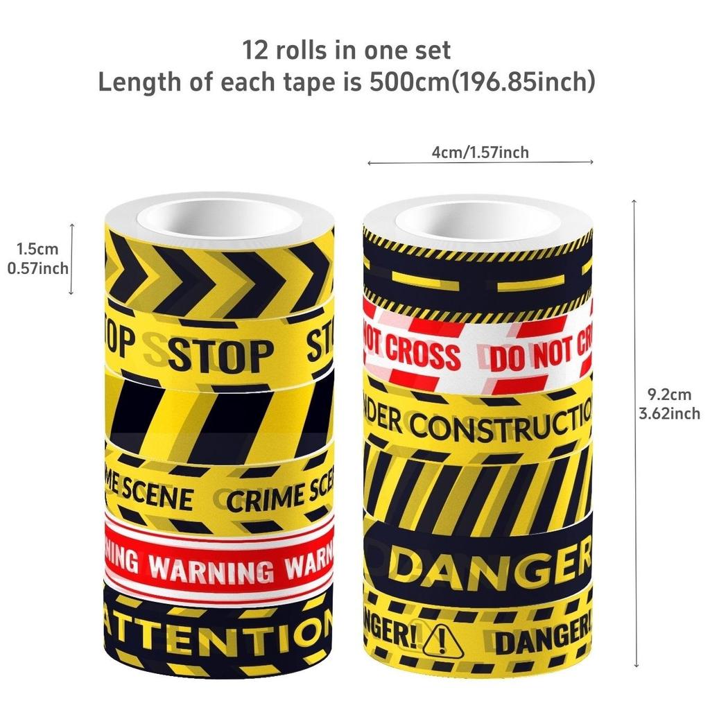 12 Rolls Caution Washi Tapes Construction Themed Slogan Yellow Red Black Self Adhesive Masking Tape for Diary Journal Gift