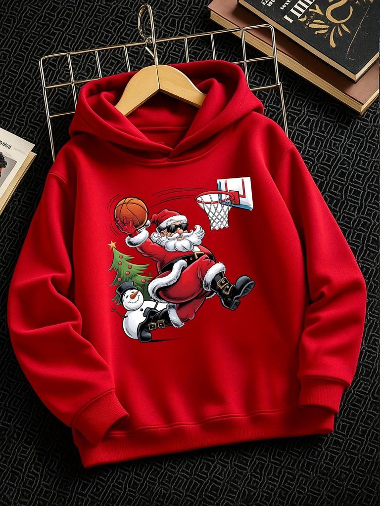 Santa Claus Playing Basketball – Trendy Casual Hoodies for Boys and Girls (Autumn/Winter), Suitable for Outdoor Activities