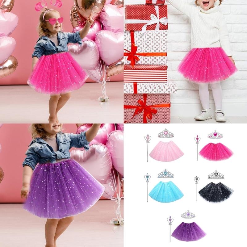 3 Pcs/Set Kids Princess Costume Accessories Crowns 3 Layers Tutu Skirt Magics Wand Ballet Skirt for Halloween Party