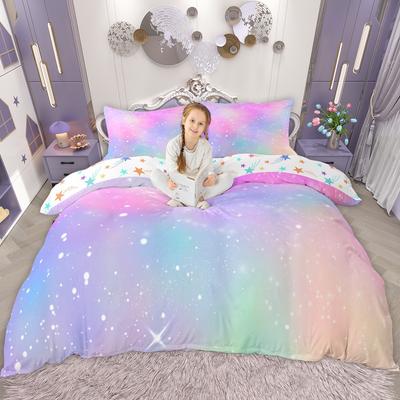Homewish Kawaii Regenbogen Bettbezug-Set für Mädchen, Glitzer Sterne Bettdeckenbezug-Set, Psychedelisches Galaxie Bettwäsche-Set
