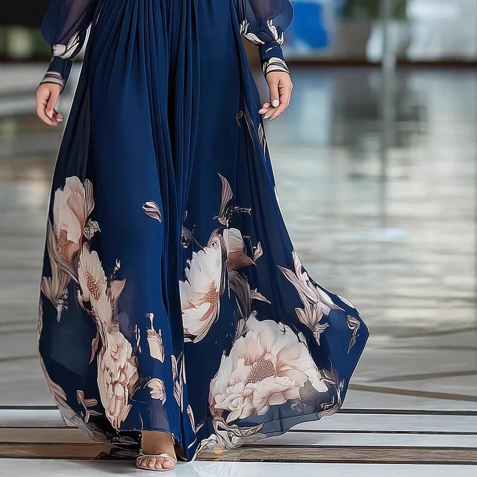 Damen V-Ausschnitt Langarm Blumen-Maxikleid Lockerer Schnitt Hohe Taille Elegantes Abendkleid