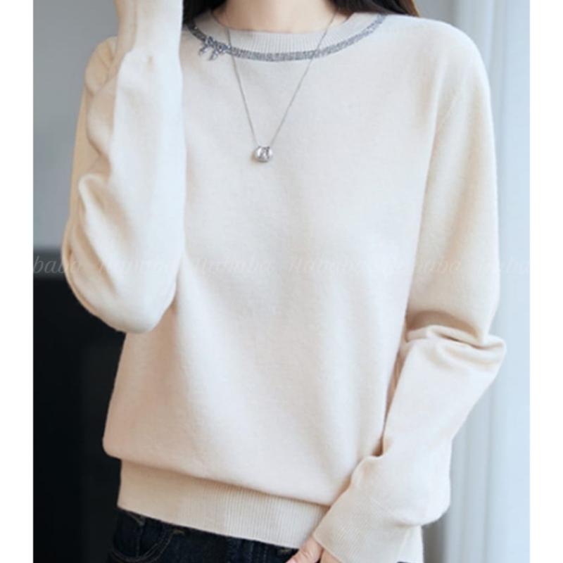 Navava Women Ribbon Point Round Neck Long Sleeve Knit Tee Nk3192