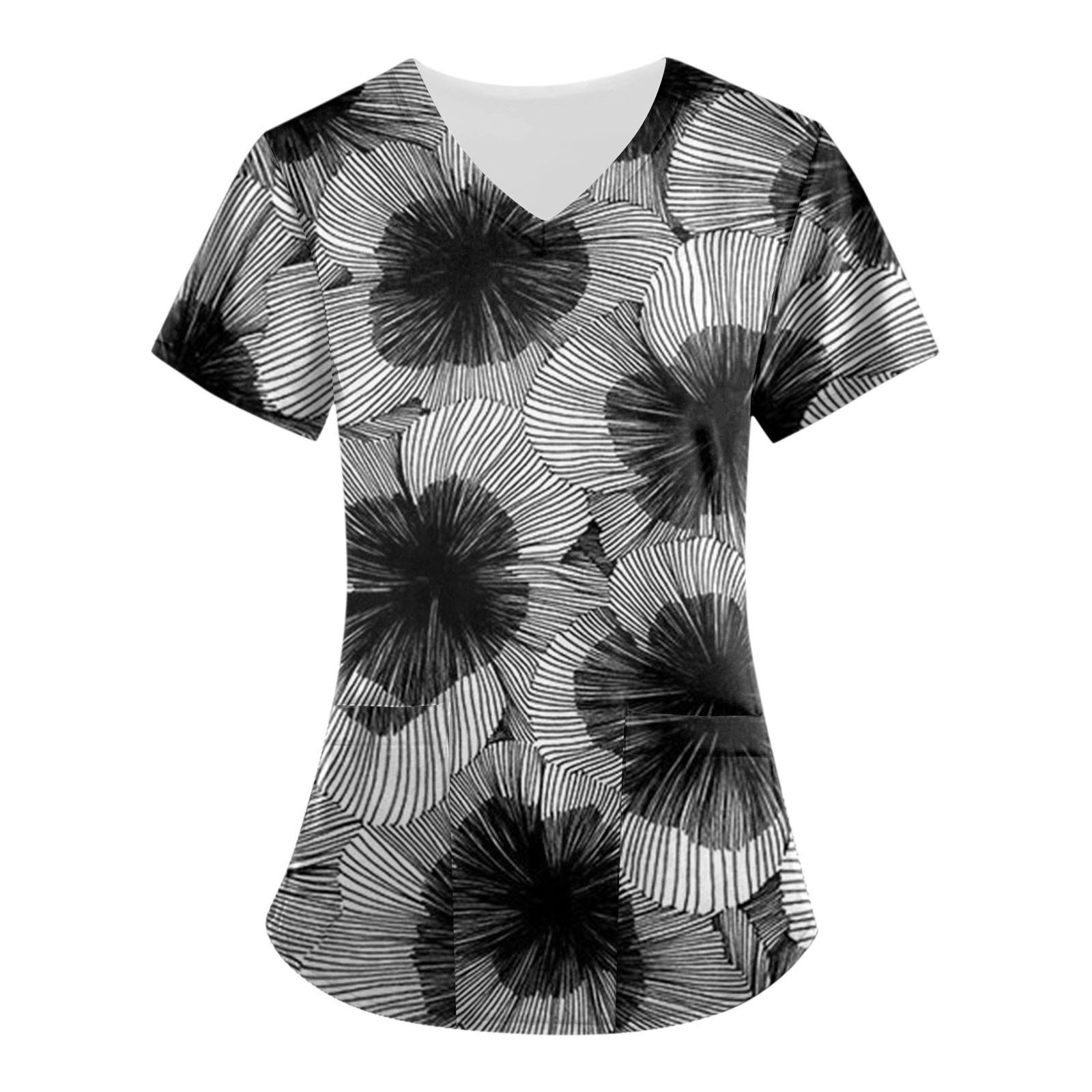 

Женские топы с короткими рукавами и v-образным вырезом с цветочным принтом, рабочая униформа, карманная блузка XXL чёрный