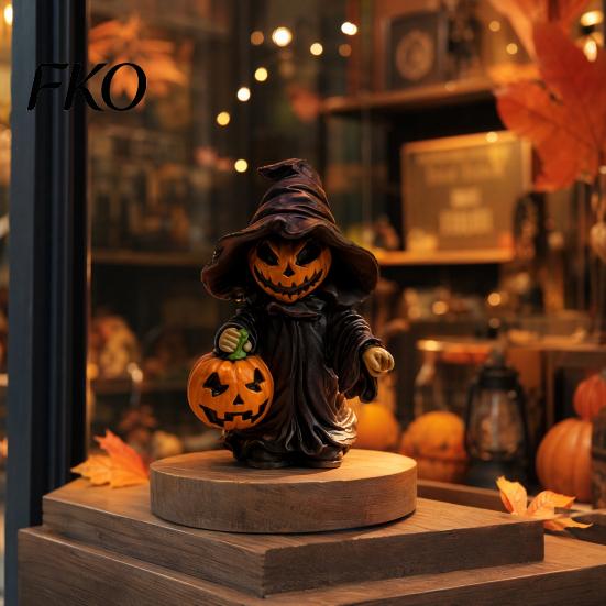 Small Halloween Pumpkin Decor Witch Statue with Pumpkin, Cute in Pointed Hat & Black Robe, Resin Gothic 3D Carving Decoration Tabletop for Desk