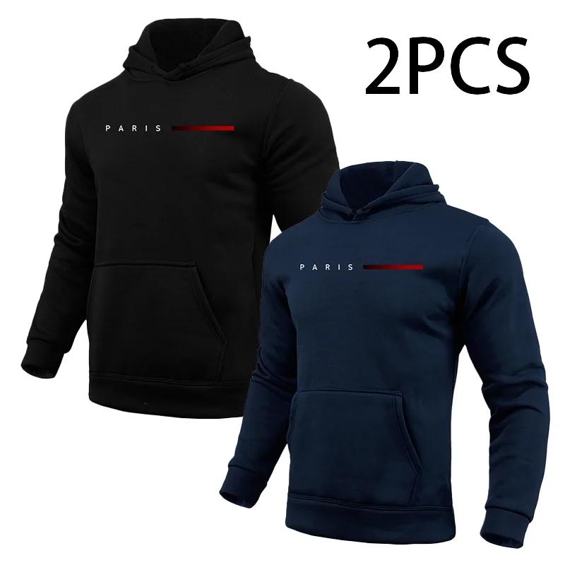 2pcs Hoodies Male Autumn Winter Hooded Long Sleeve Pullover Paris Printed Sweatshirt Urban Fashion Casual Sporty Hoody Coat