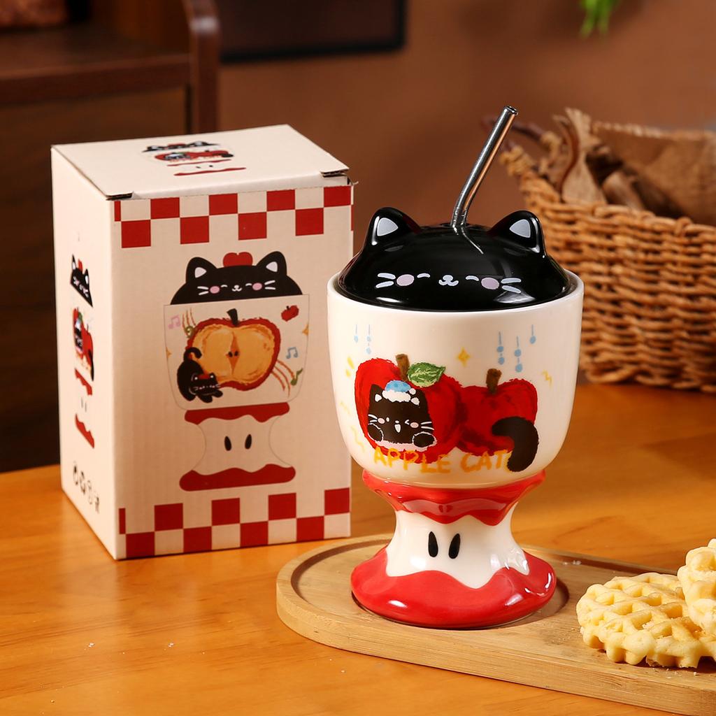 Handbemalter dreidimensionaler Apfelkern-Kelch Niedliche lustige Apfel-Katze Keramiktasse Geburtstags-Souvenir Mädchenbecher