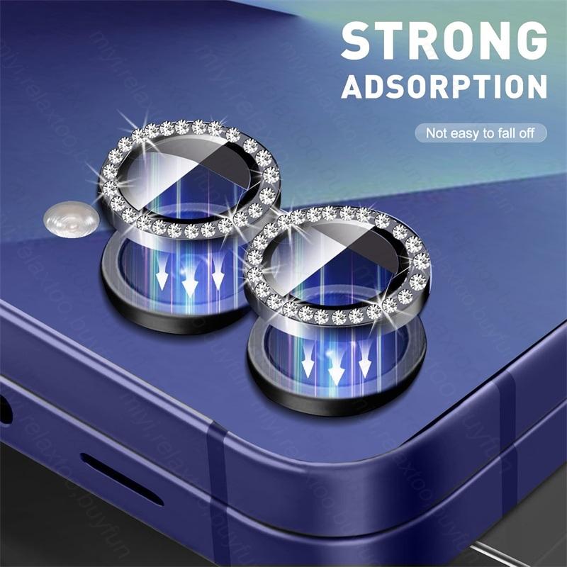 Custodia Protettiva per Fotocamera ad Anello Metallico con Diamanti di Lusso per Samsung Galaxy Z Flip 7 6 5G Vetro Temperato 9H Accessori per Obiettivo