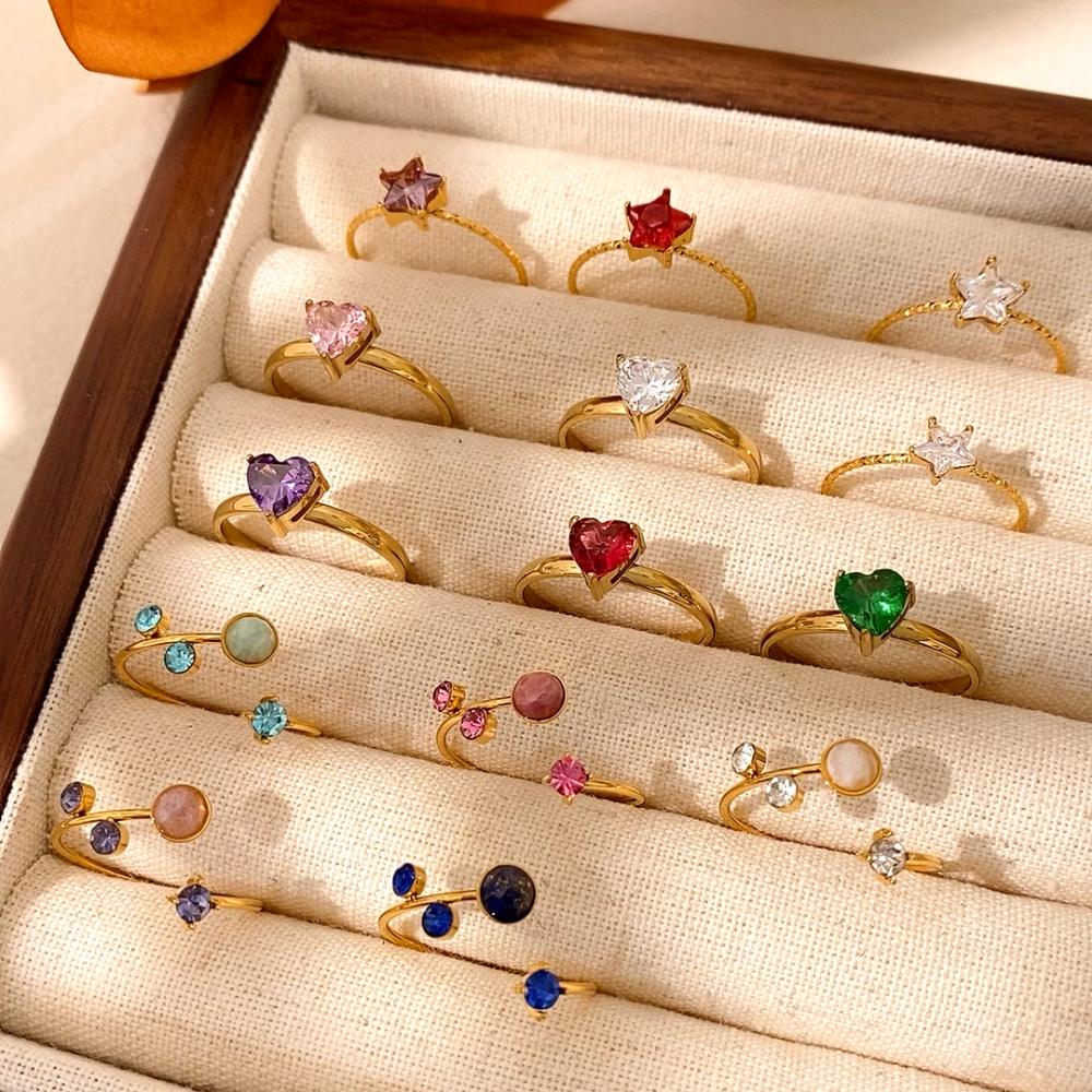 CARLIDANA Minimalist Colourful Cubic Zircon Rings Jewelry Stainless Steel Gold Plated Hot Sale Heart Star Open Rings for Women