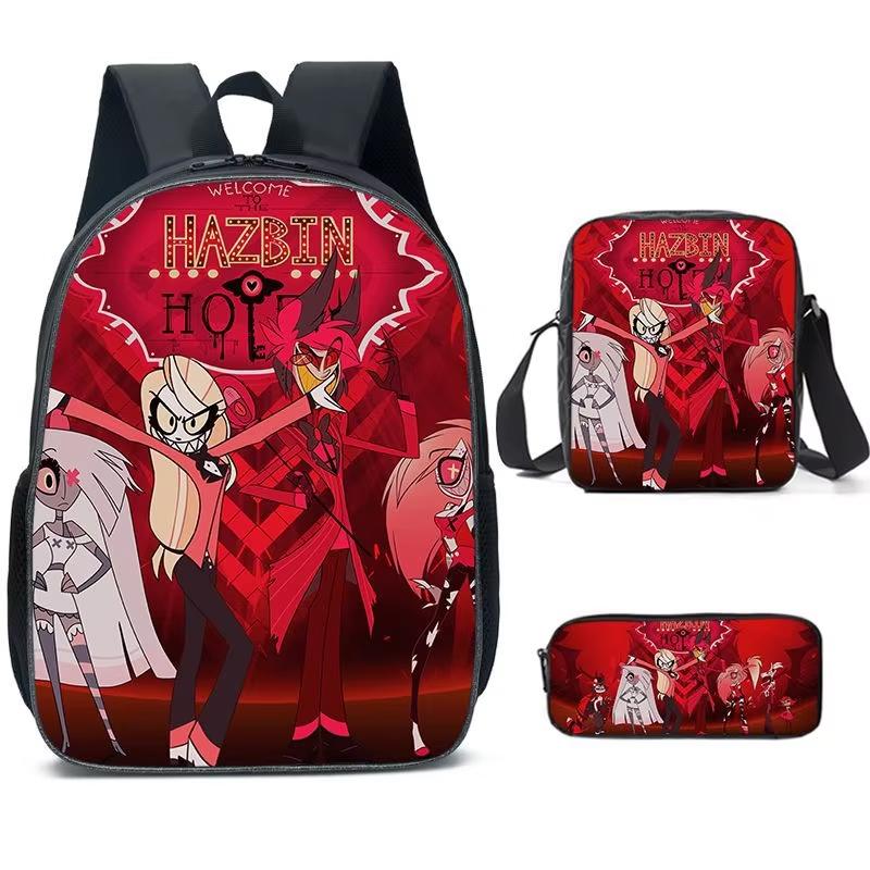 Hazbin Hotel Anime Ensemble de 3 pièces Sac à dos Étudiant Sac d'école à bandoulière Enfants Mignon Sac à dos de voyage Cadeau d'anniversaire pour enfants