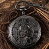 Steampunk Gear Hand Wind Mechanical Pocket Watch Vintage Black Skeleton Hollow Hand Fob Chain Watch Men With Roman Numbers