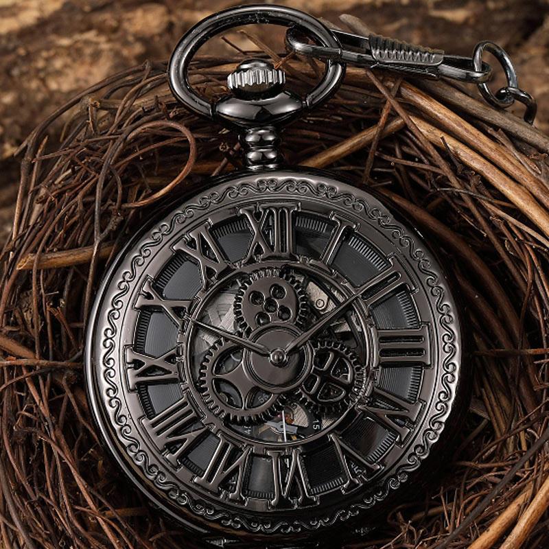 Steampunk Gear Hand Wind Mechanical Pocket Watch Vintage Black Skeleton Hollow Hand Fob Chain Watch Men With Roman Numbers
