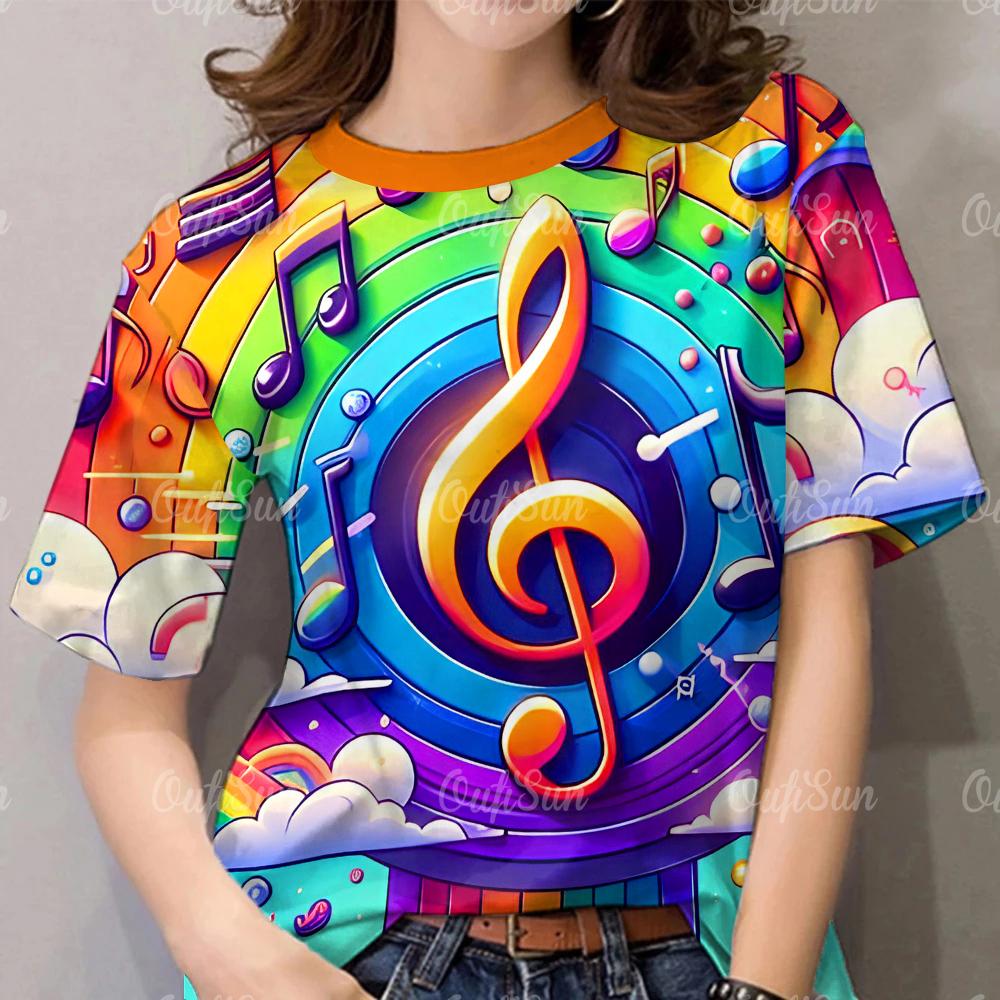 Summer Women's T-Shirt Fashions Colour Note Round Neck Tops Geometric Pattern Casual Plus Size Female Clothing Designer Tshirts