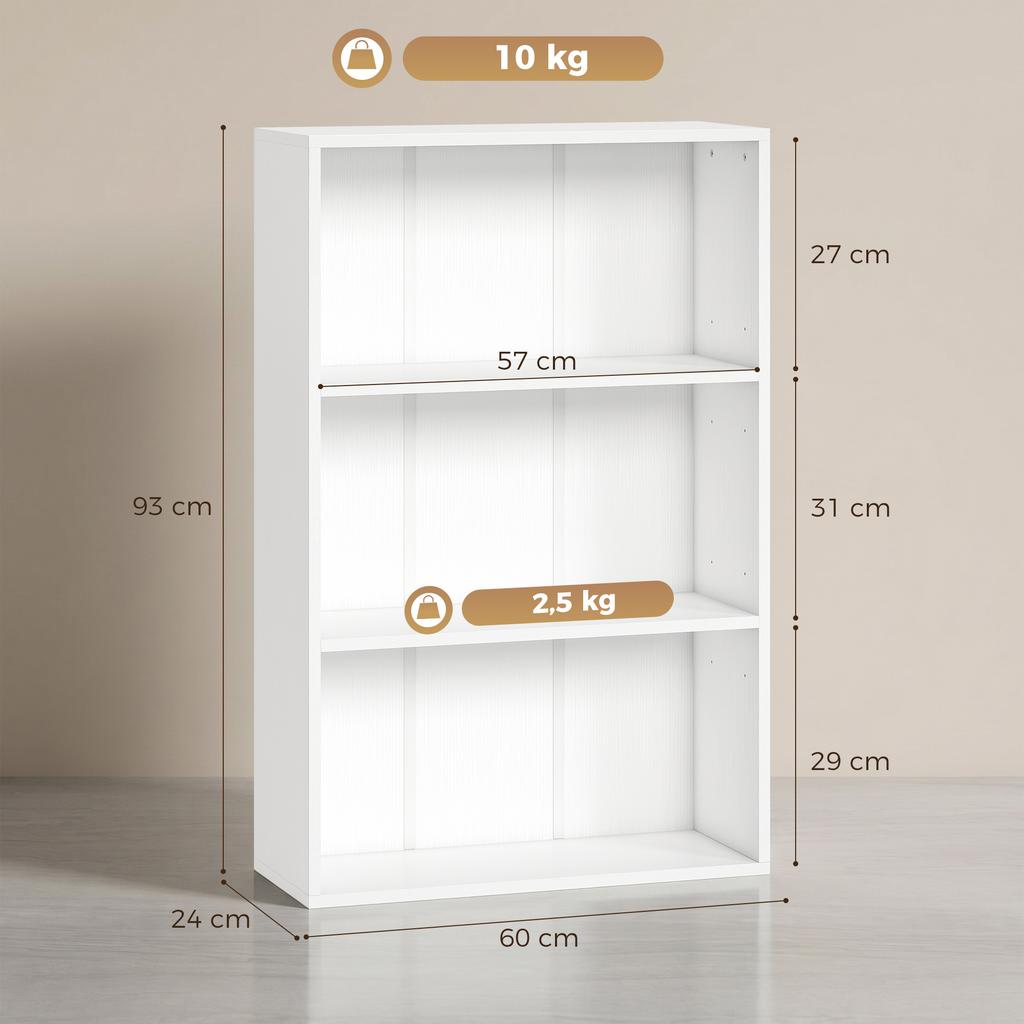 Storage Shelf Bookcase With 3 Compartments And Adjustable Shelf 60 X 24 X 93 Cm White