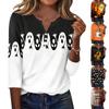 Damen Halloween Print V-Ausschnitt Knopf Dreiviertelärmel Lässiges T-Shirt