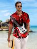 New Men's Casual Short-Sleeve Shirt with Red Ink Splatter Electric Guitar Print, Full of Cool Rock and Roll Vibes, Versatile for Holiday Parties,