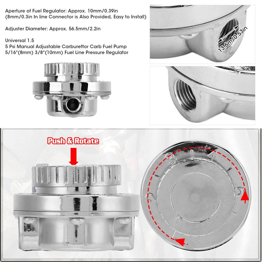 Manual 5 Psi Adjustable Fuel Regulator Kit for Carburetor Engines with 8mm/0.3" Fittings, Perfect for General Purpose Vehicle Modification