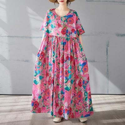 Vestido longo de verão vintage de algodão plus size com manga curta e estampa floral, novidade para mulheres, casual, solto