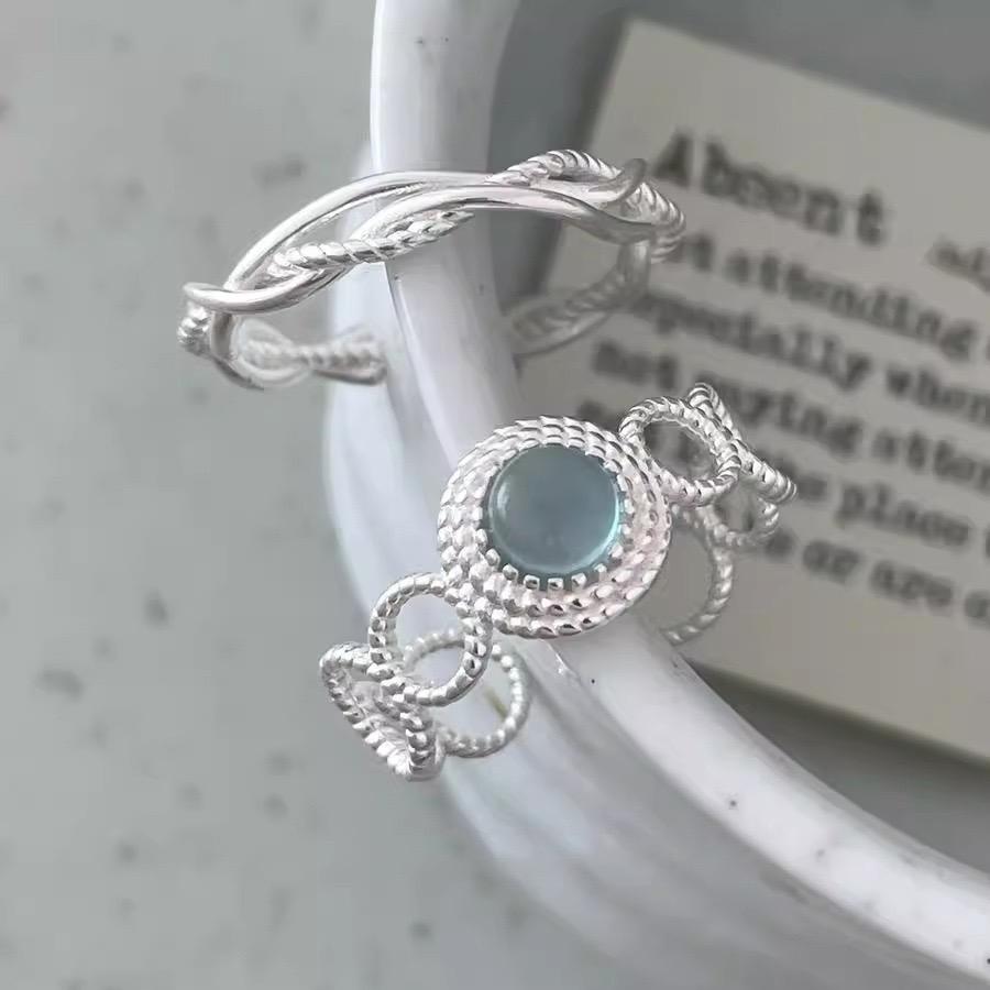 925 Sterling Silver Rings for Women Couple Minimalist Handmade Simple Blue Stone Ring Fine Jewelry Gift Prevent Allergy