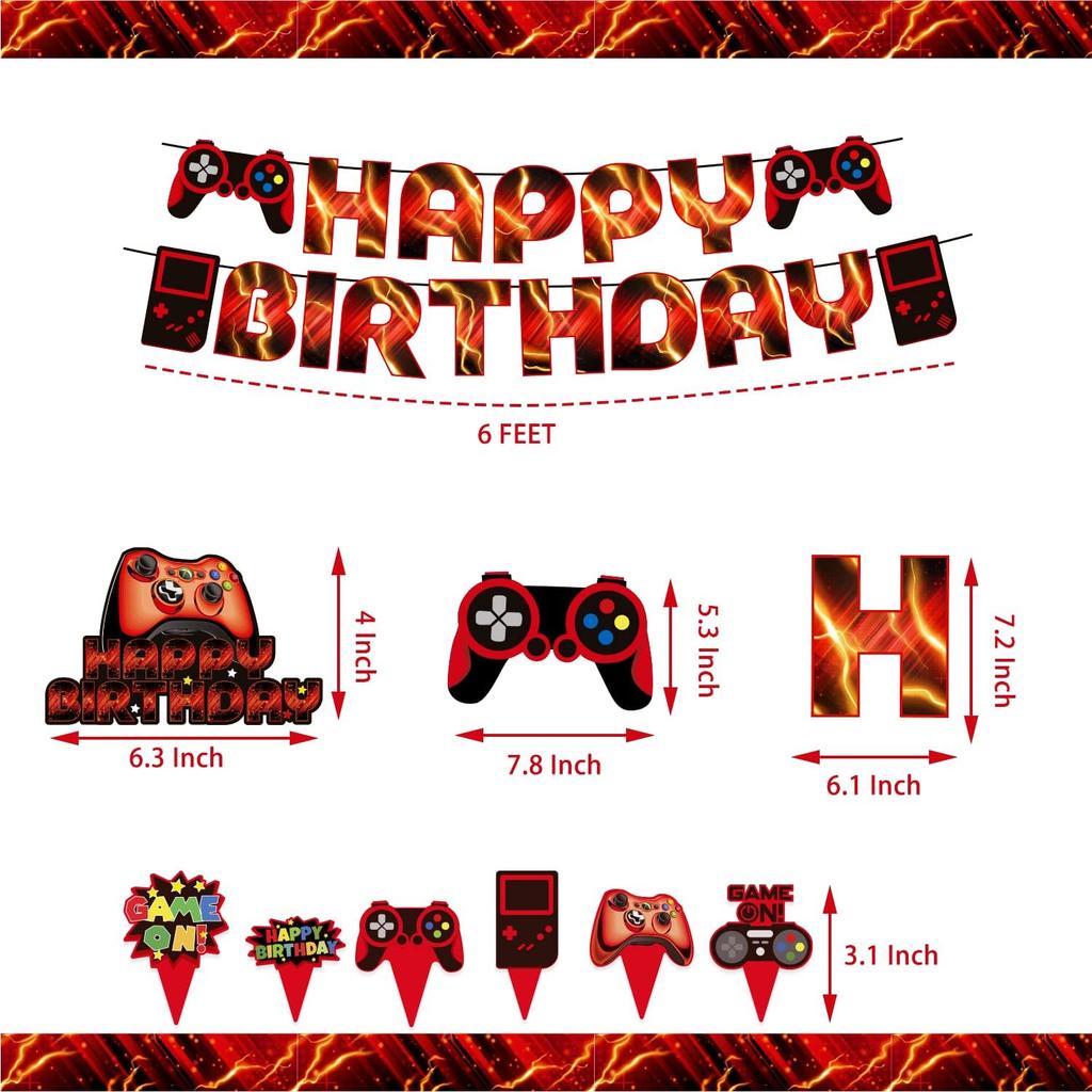 Mpanwen Red Video Game Party Supplies - 212Pcs Gamer Gaming Party Decoration For Boys Birthday Party - Table Cover, Plates, Cups, Napkins, Utensils,